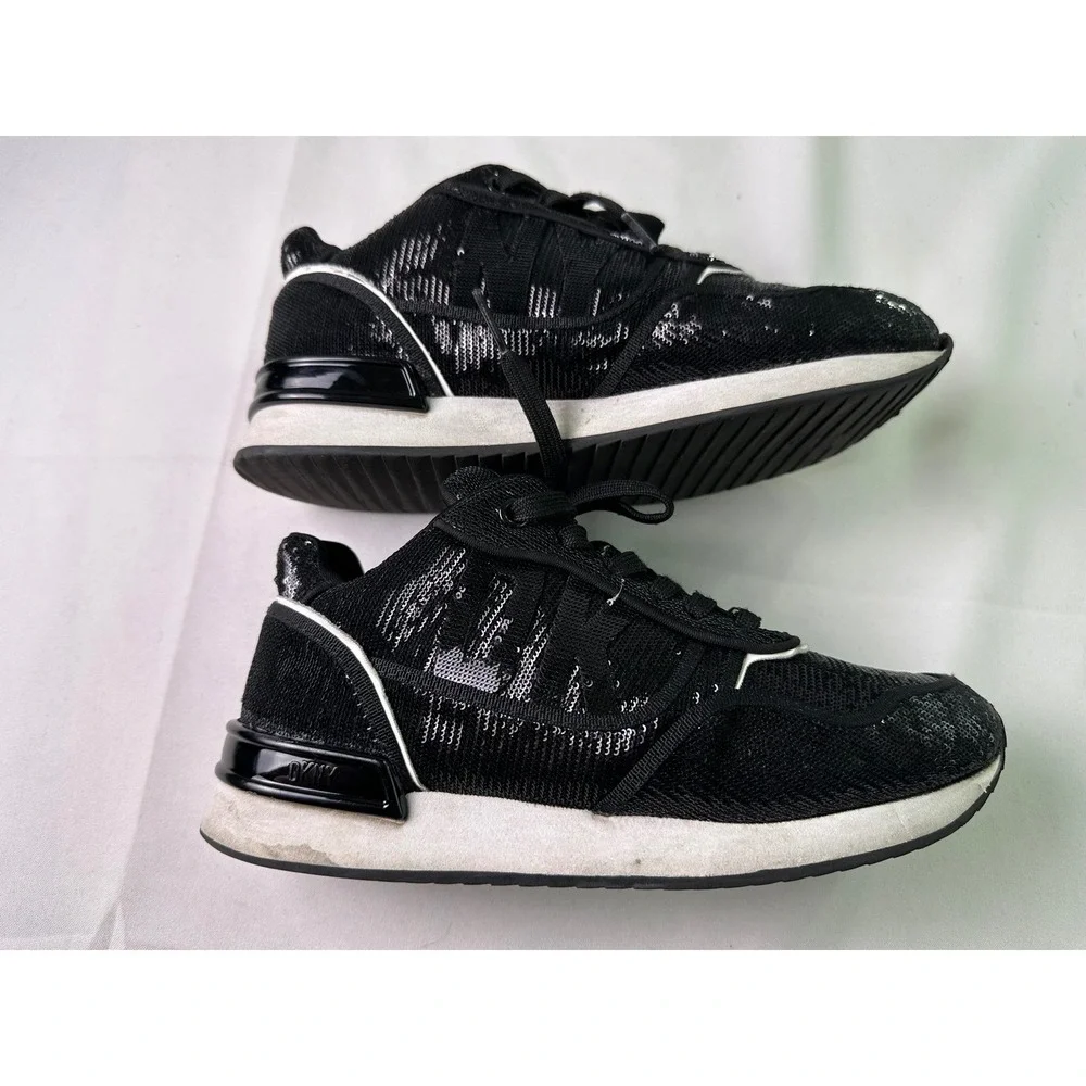 DKNY Women's Size 7.5 M Black Sequin Lace Up Sneakers Fashion Sparkle Athleisure